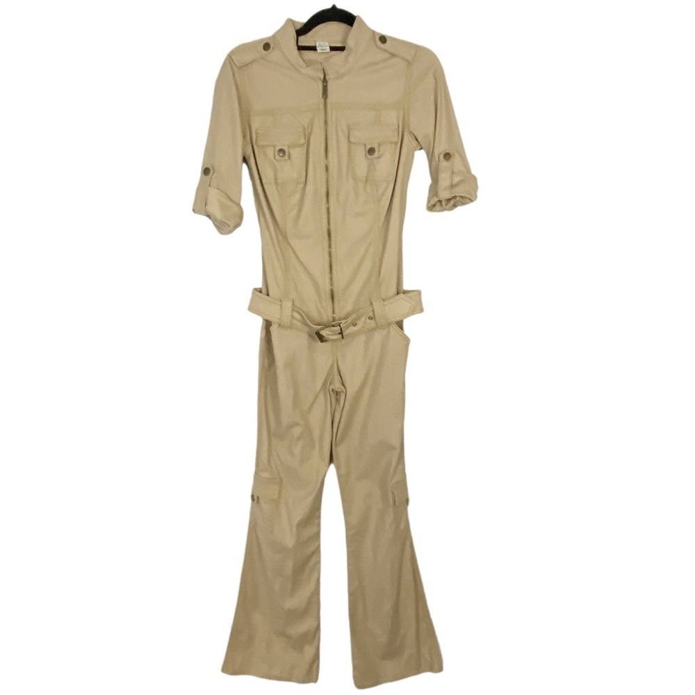 VTG Rare Y2K FRANKIE B Bootcut Flare Leg Tan Jumpsuit Retro 70s Grunge